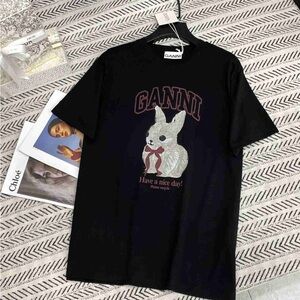 Ganni Black Tee with White Bunny Print